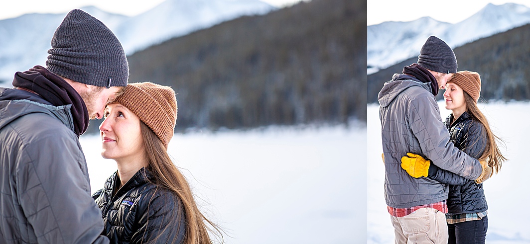 Two photos of a couple hugging close in Breckenridge, Colorado during their engagement photography shoot. Photos taken by Hillary Shedd Photography, Colorado Wedding Photographer. 